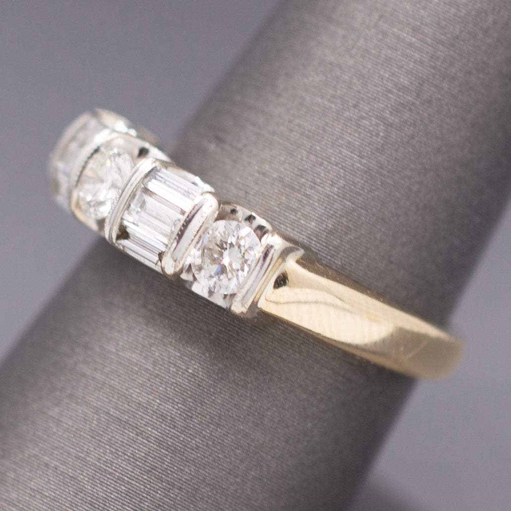 Sparkling Round and Baguette Cut Diamond Band Ring in 14k Yellow Gold