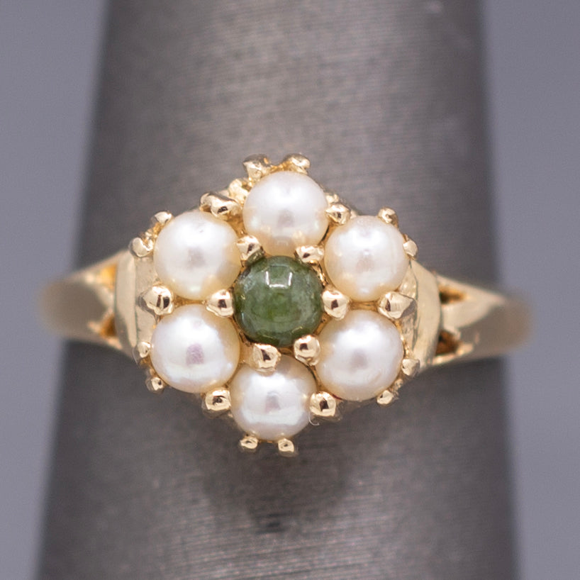 Vintage Nephrite Jade and Pearl Cluster Ring in 14k Yellow Gold