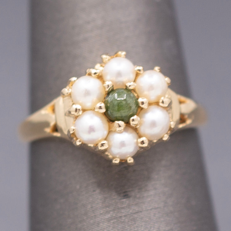 Vintage Nephrite Jade and Pearl Cluster Ring in 14k Yellow Gold