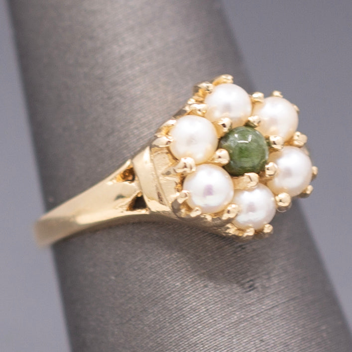 Vintage Nephrite Jade and Pearl Cluster Ring in 14k Yellow Gold