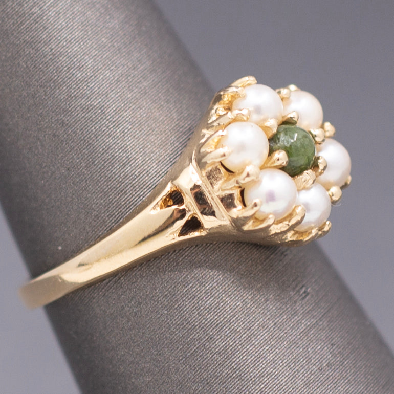 Vintage Nephrite Jade and Pearl Cluster Ring in 14k Yellow Gold
