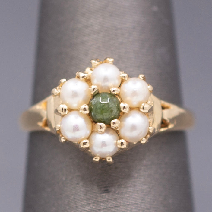 Vintage Nephrite Jade and Pearl Cluster Ring in 14k Yellow Gold
