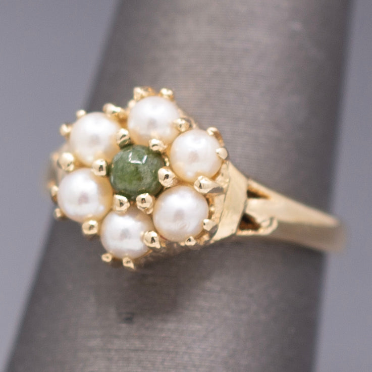 Vintage Nephrite Jade and Pearl Cluster Ring in 14k Yellow Gold