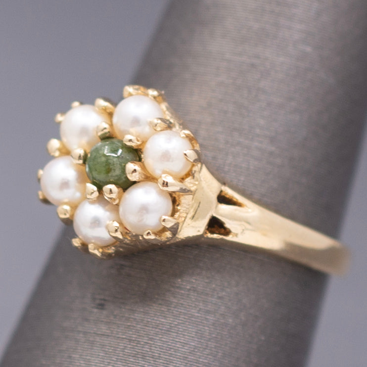 Vintage Nephrite Jade and Pearl Cluster Ring in 14k Yellow Gold