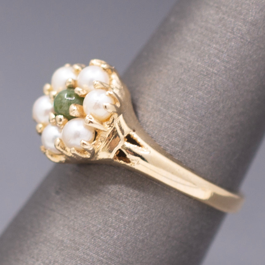 Vintage Nephrite Jade and Pearl Cluster Ring in 14k Yellow Gold