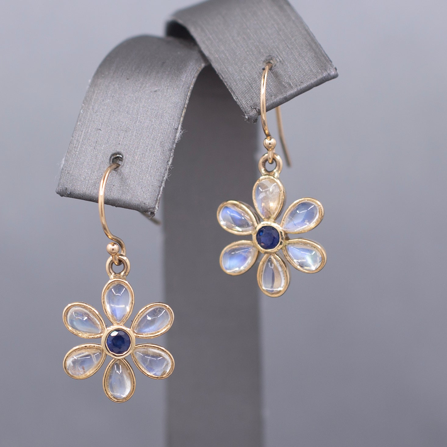 Blue Moonstone and Sapphire Bezel Flower Dangle Earrings in 14k Yellow Gold