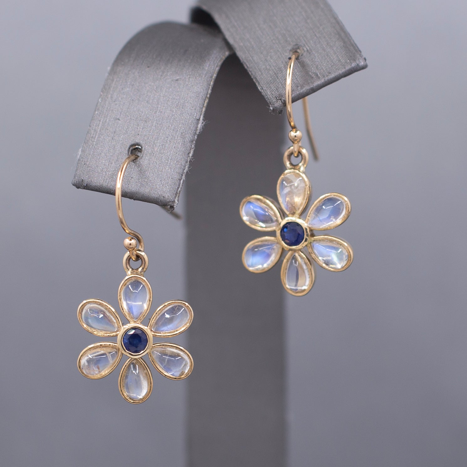 Blue Moonstone and Sapphire Bezel Flower Dangle Earrings in 14k Yellow Gold