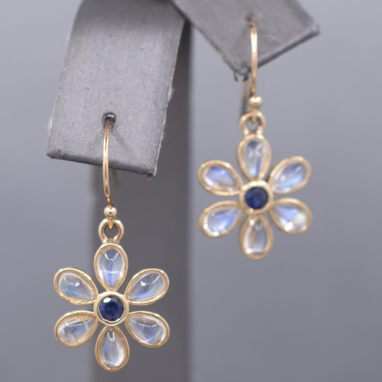 Blue Moonstone and Sapphire Bezel Flower Dangle Earrings in 14k Yellow Gold