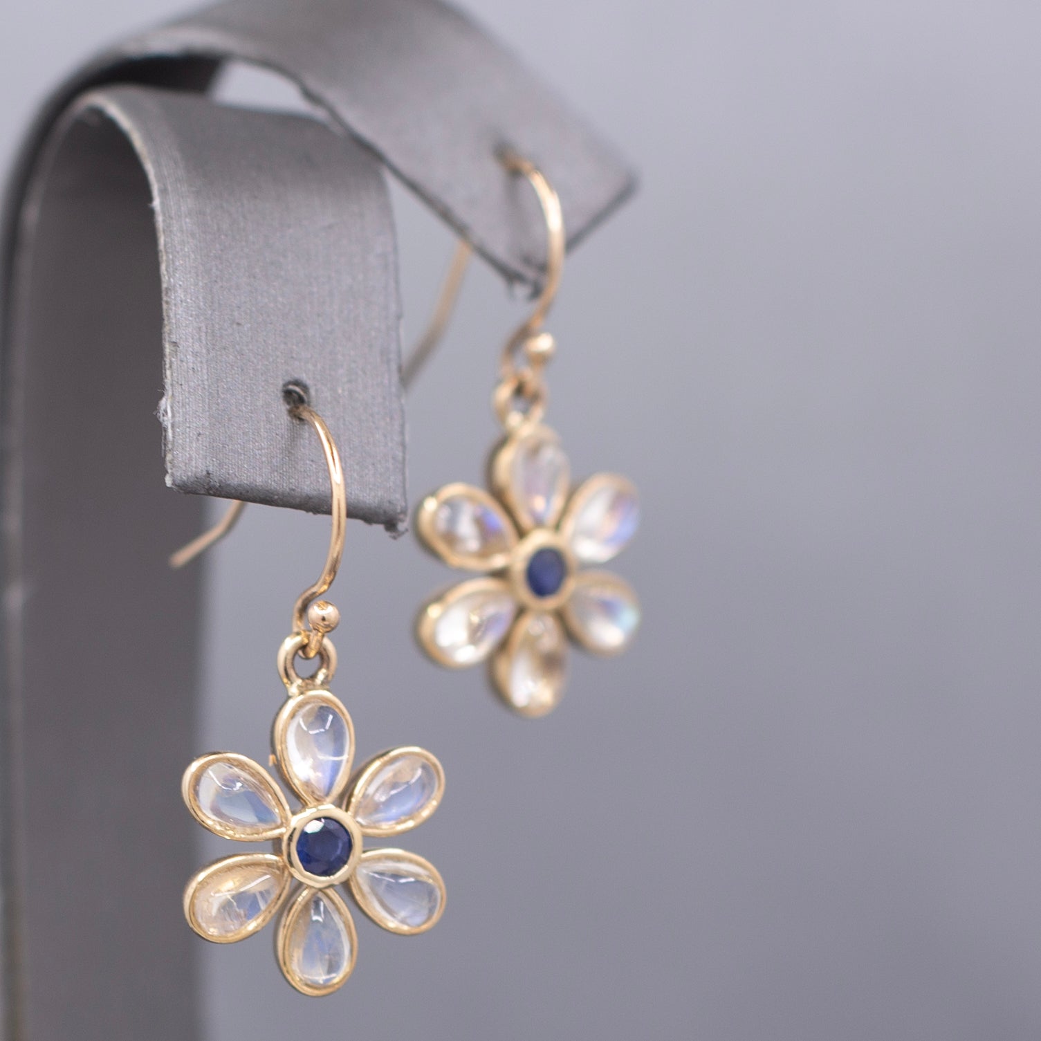 Blue Moonstone and Sapphire Bezel Flower Dangle Earrings in 14k Yellow Gold