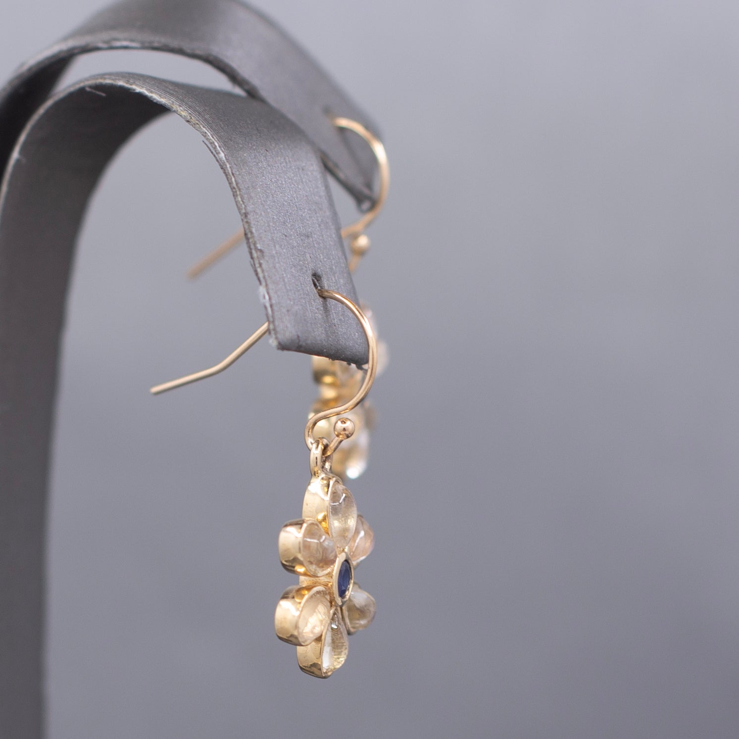 Blue Moonstone and Sapphire Bezel Flower Dangle Earrings in 14k Yellow Gold