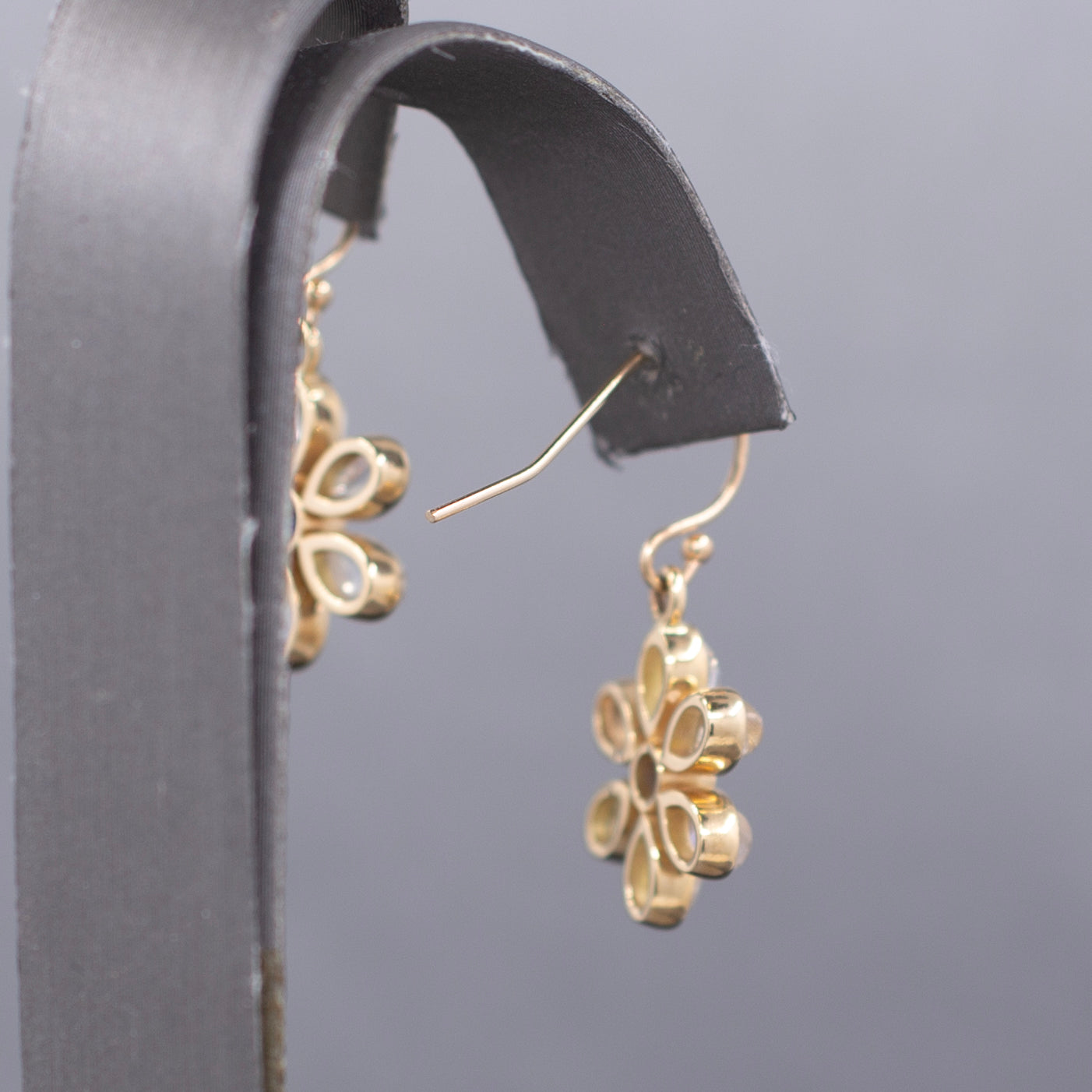 Blue Moonstone and Sapphire Bezel Flower Dangle Earrings in 14k Yellow Gold
