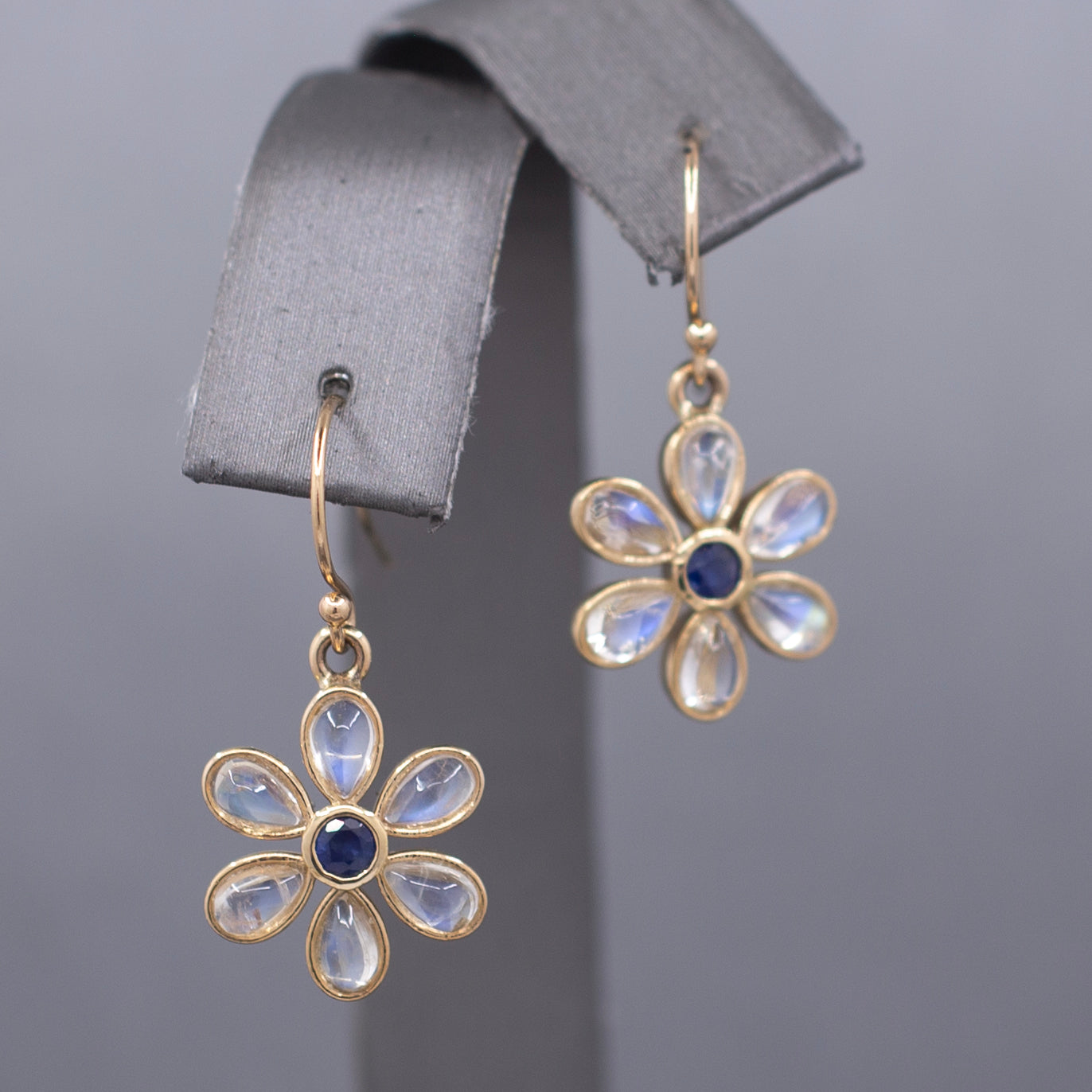 Blue Moonstone and Sapphire Bezel Flower Dangle Earrings in 14k Yellow Gold
