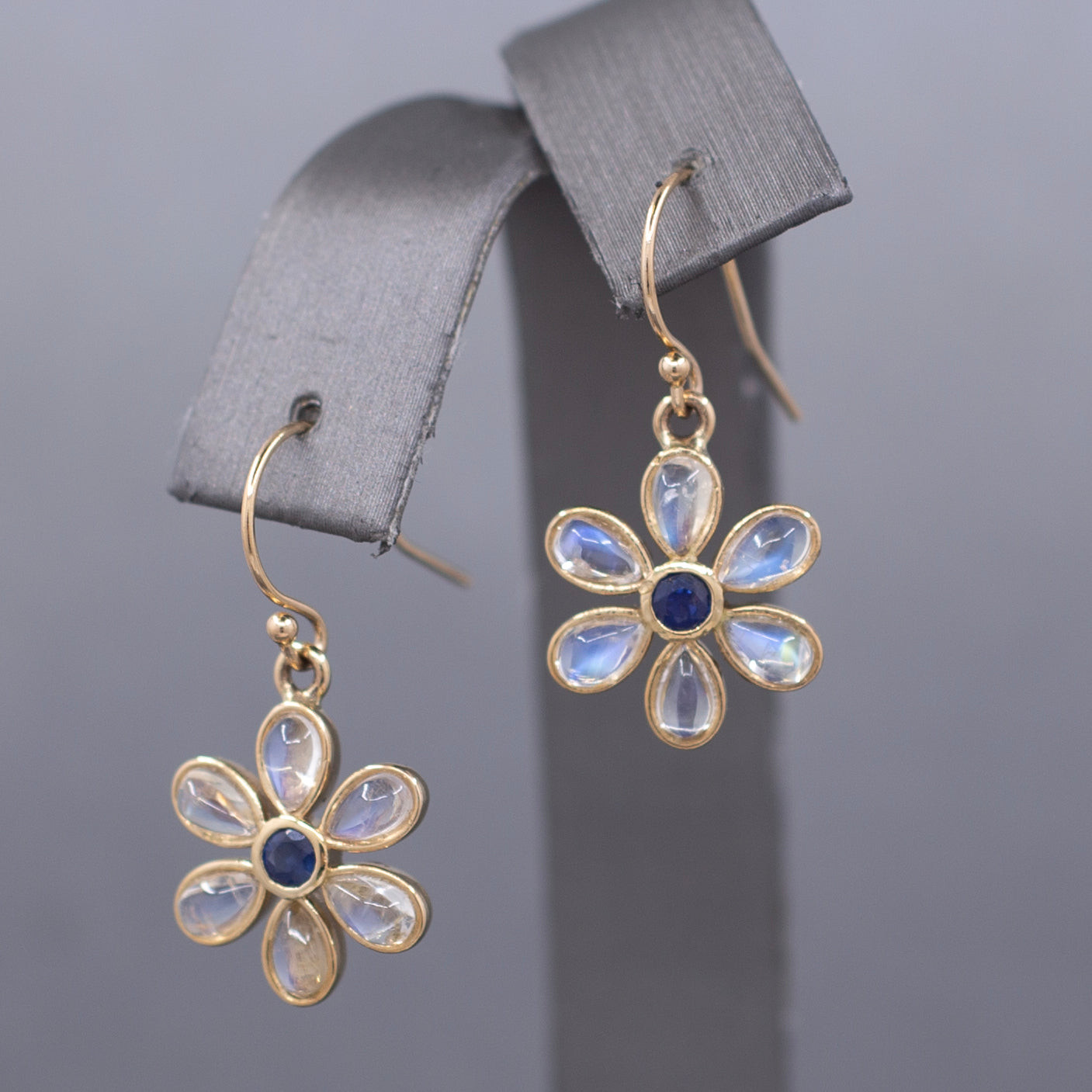 Blue Moonstone and Sapphire Bezel Flower Dangle Earrings in 14k Yellow Gold