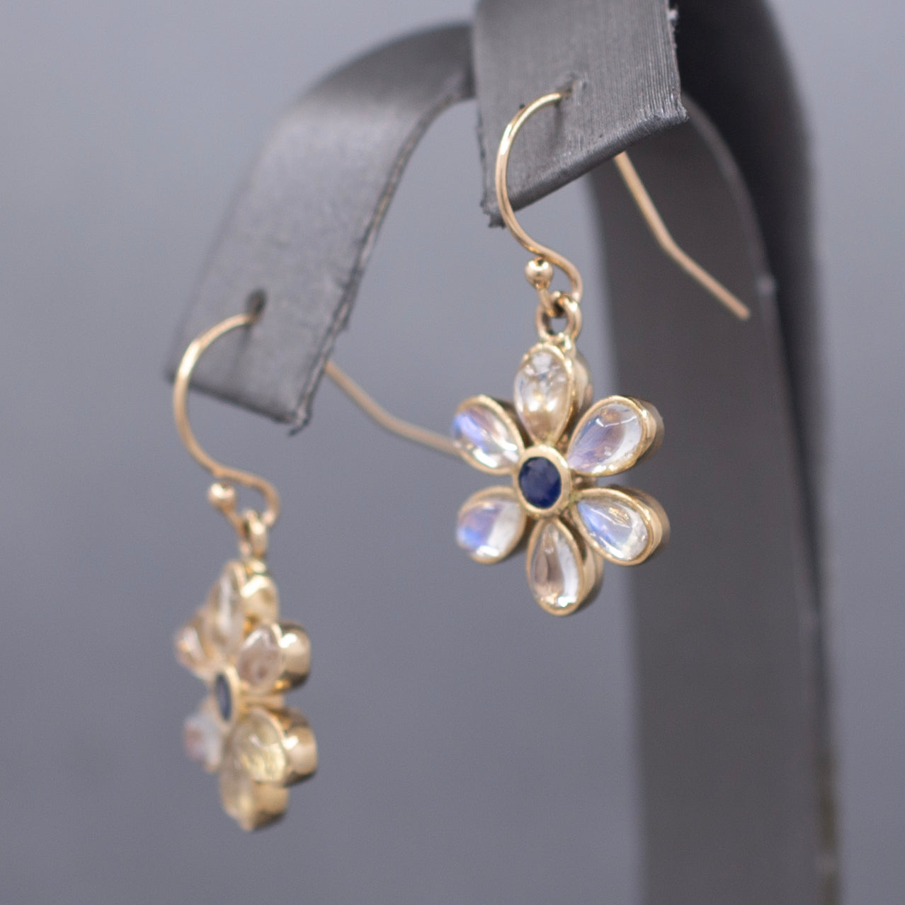 Blue Moonstone and Sapphire Bezel Flower Dangle Earrings in 14k Yellow Gold