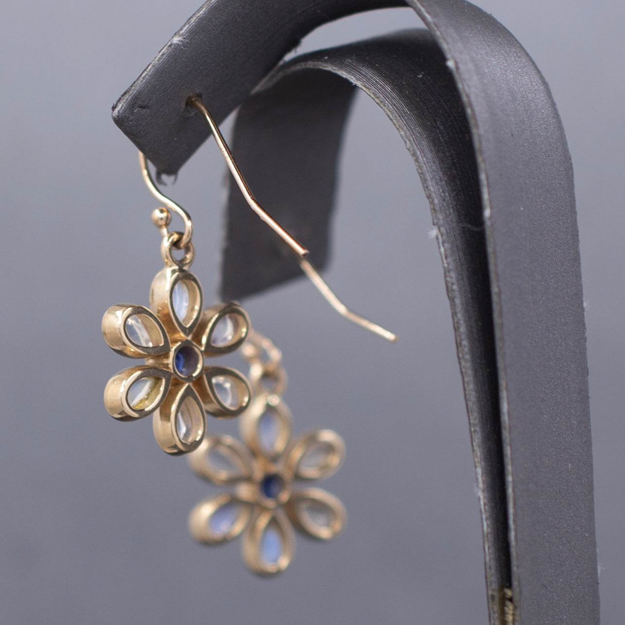 Blue Moonstone and Sapphire Bezel Flower Dangle Earrings in 14k Yellow Gold