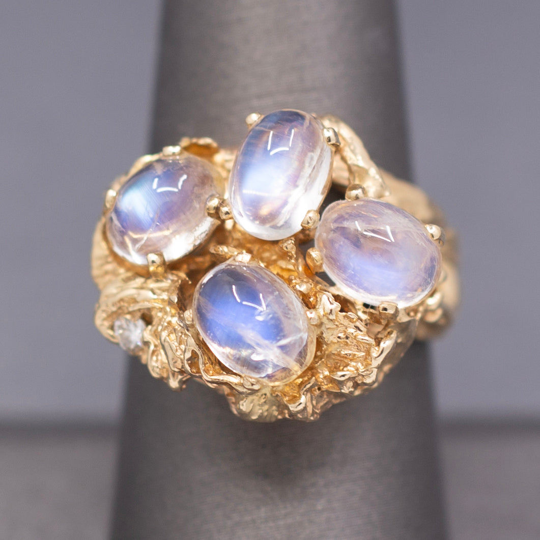 Vintage Moonstone and Diamond Organic Statement Ring in 14k Yellow Gold
