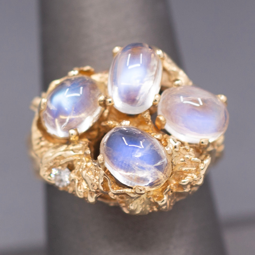 Vintage Moonstone and Diamond Organic Statement Ring in 14k Yellow Gold