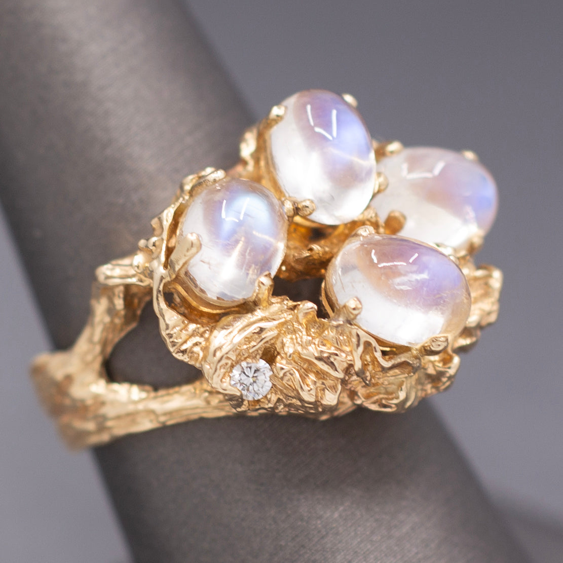 Vintage Moonstone and Diamond Organic Statement Ring in 14k Yellow Gold