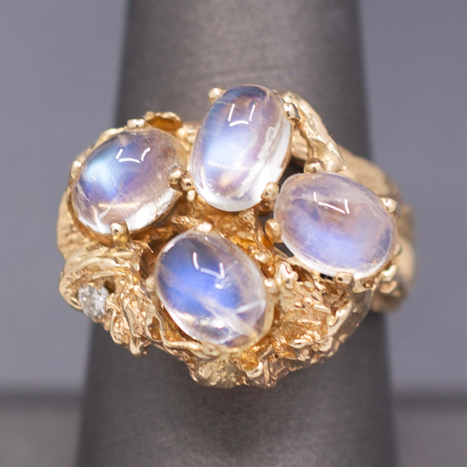 Vintage Moonstone and Diamond Organic Statement Ring in 14k Yellow Gold