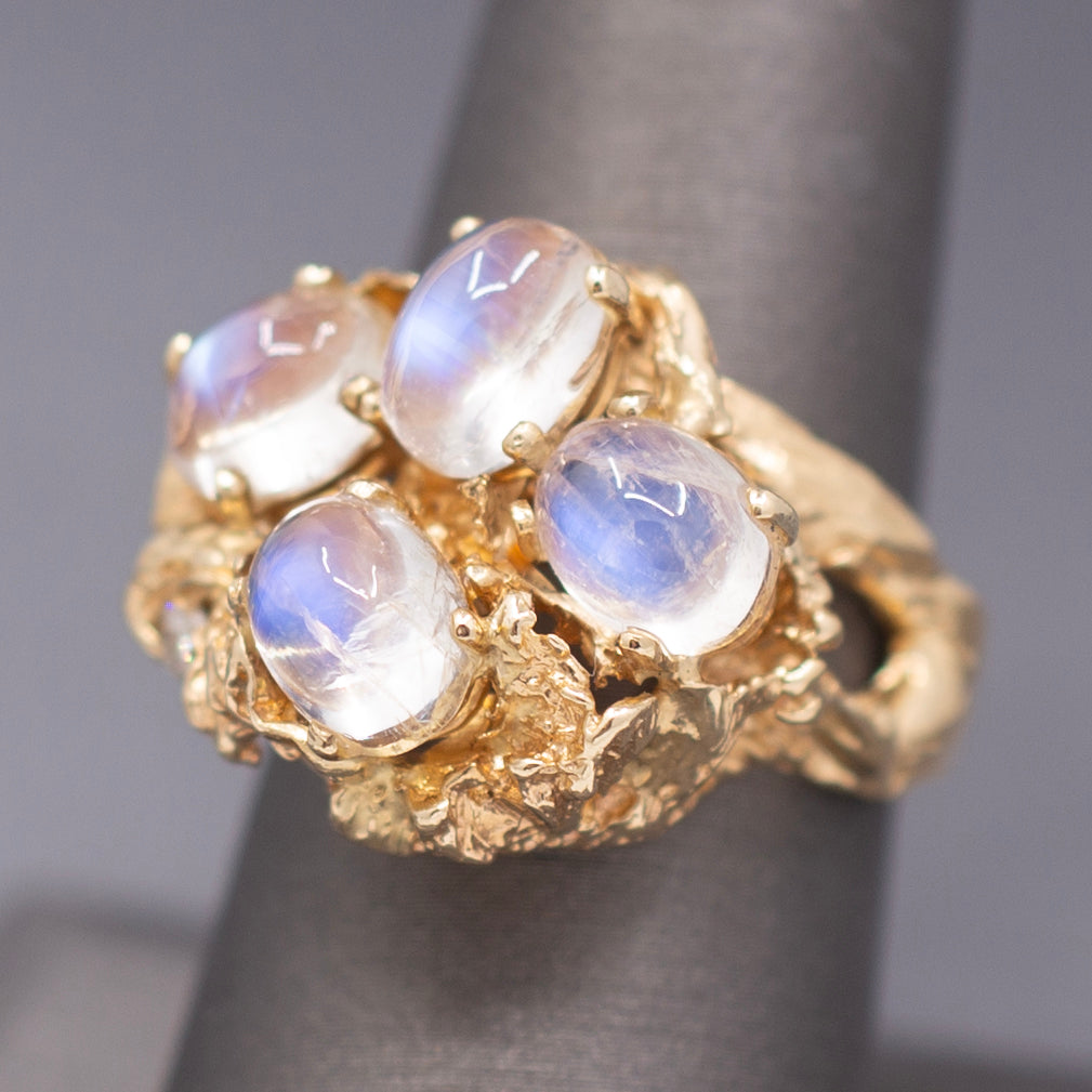 Vintage Moonstone and Diamond Organic Statement Ring in 14k Yellow Gold