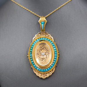 Exquisite French Victorian Picture Locket with Turquoise and Pearl in 18k Yellow Gold