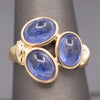 Vintage Three Stone Blue Sapphire Bezel Set Cabochon Ring in 14k Yellow Gold