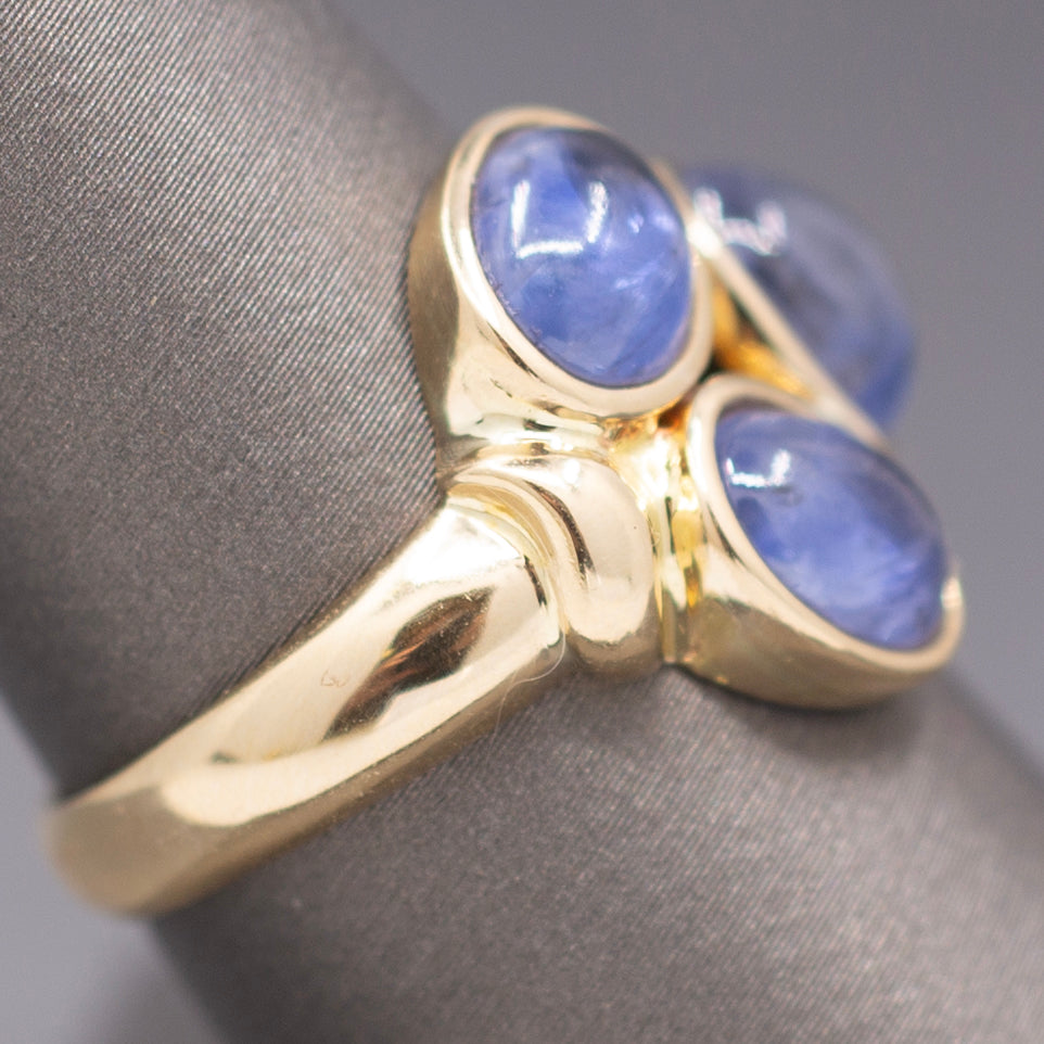 Vintage Three Stone Blue Sapphire Bezel Set Cabochon Ring in 14k Yellow Gold