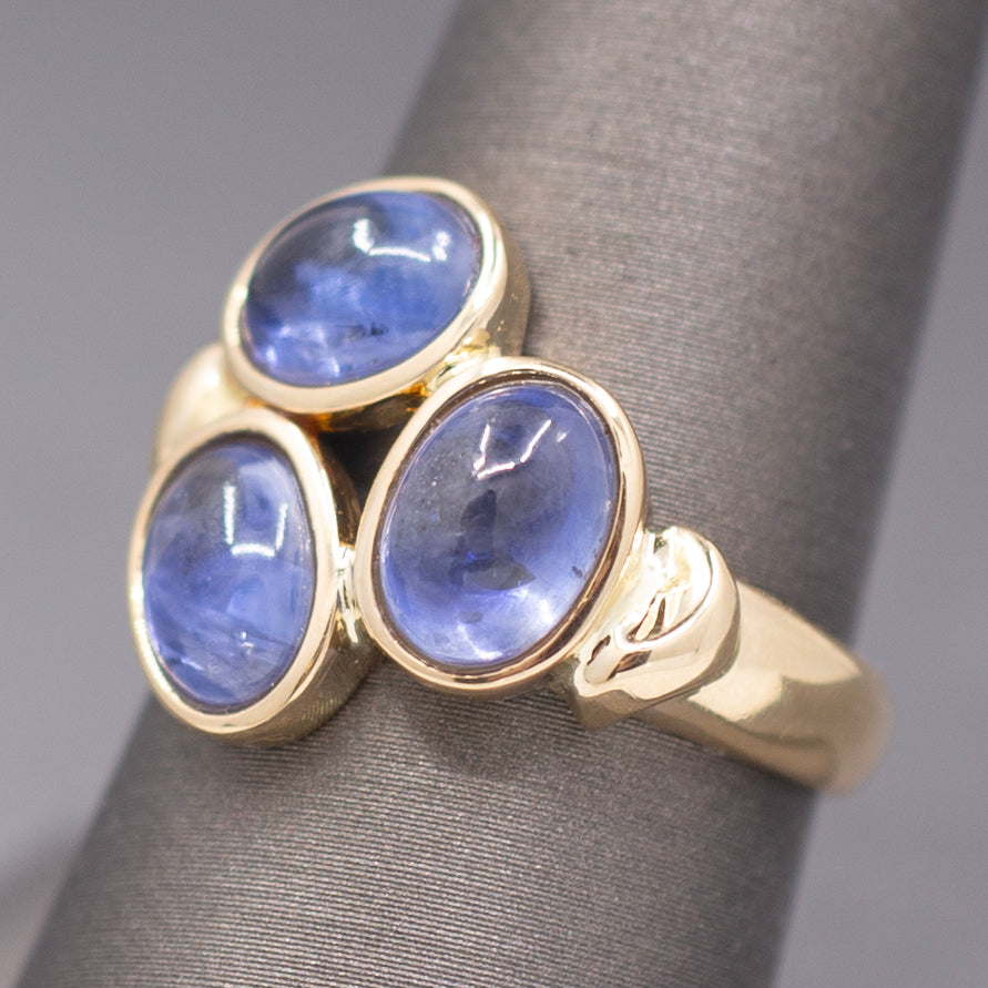 Vintage Three Stone Blue Sapphire Bezel Set Cabochon Ring in 14k Yellow Gold