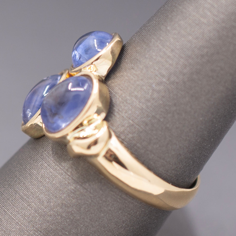 Vintage Three Stone Blue Sapphire Bezel Set Cabochon Ring in 14k Yellow Gold