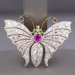 Exquisite Edwardian Butterfly Brooch with Ruby Demantoid Garnet and Old Cut Diamond in 18k and Platinum