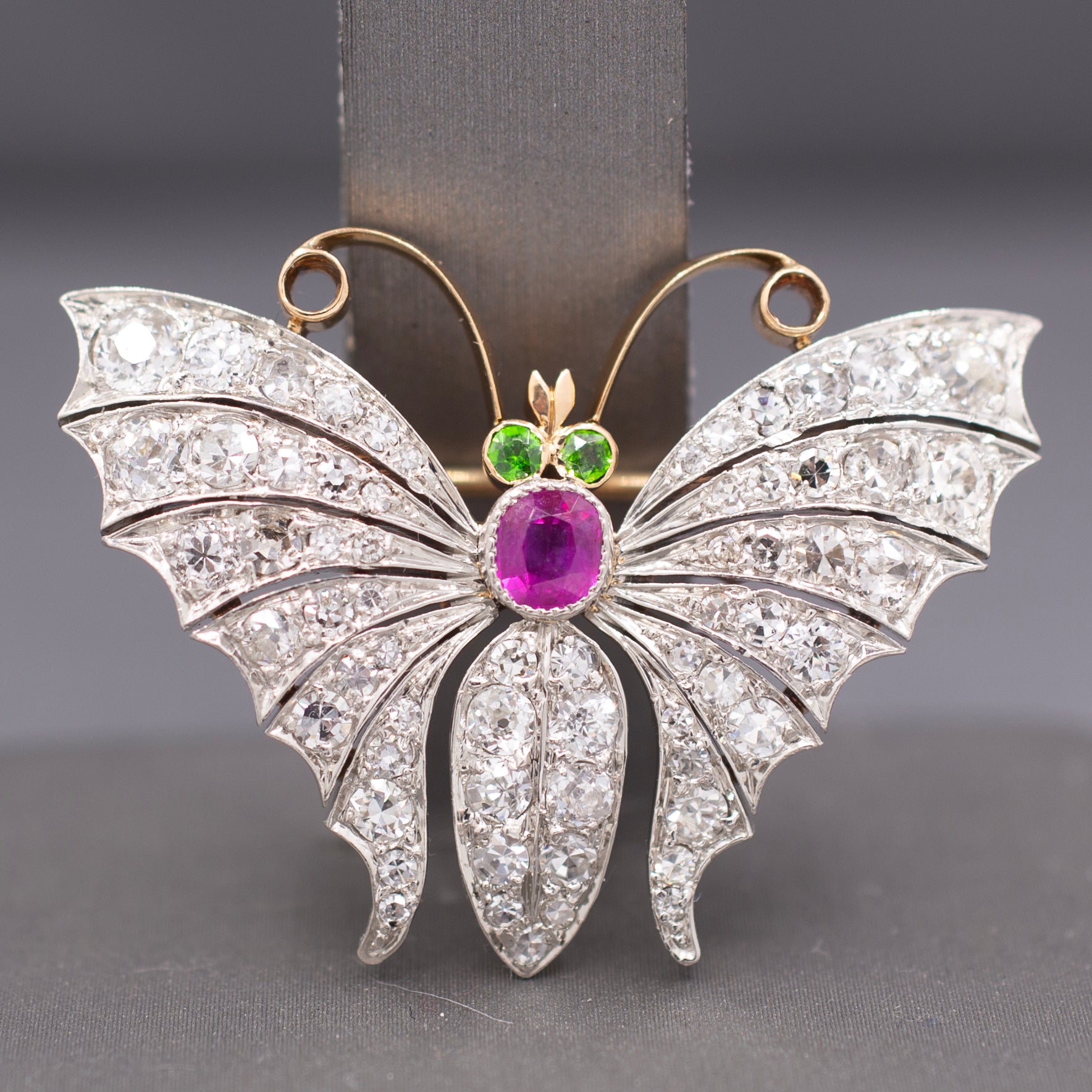 Exquisite Edwardian Butterfly Brooch with Ruby Demantoid Garnet and Old Cut Diamond in 18k and Platinum