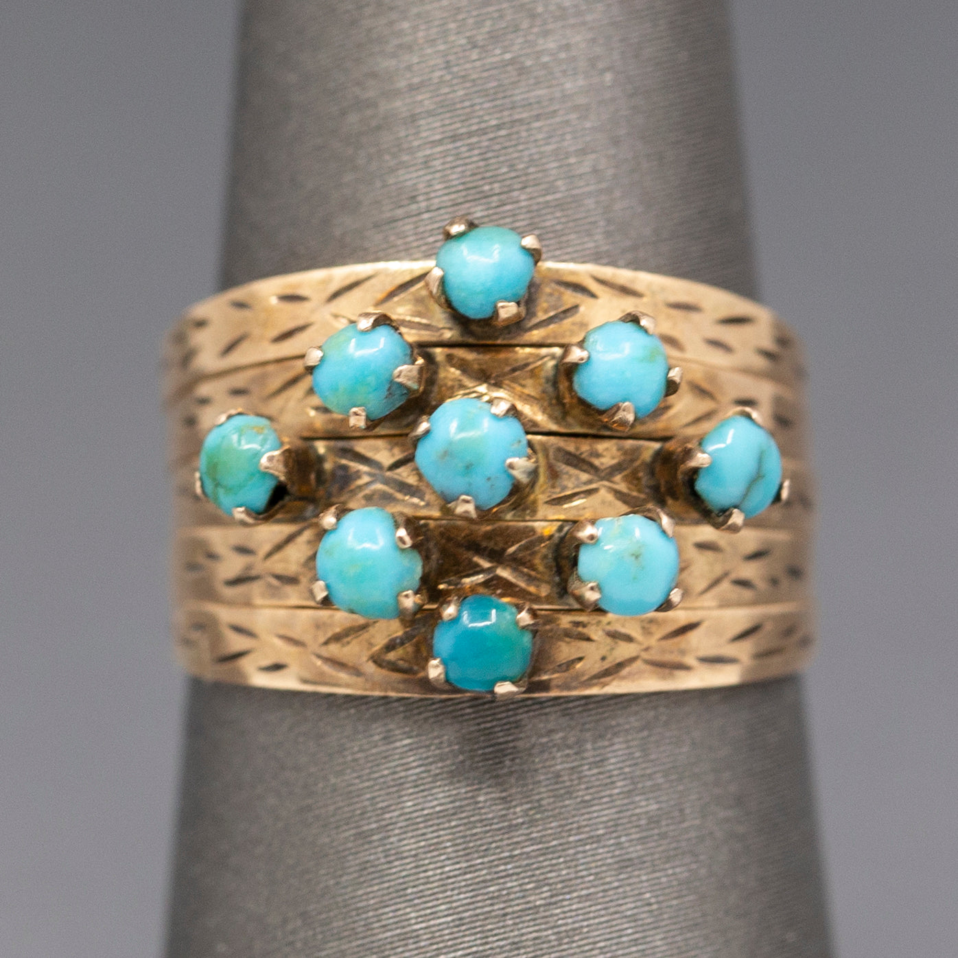 Antique Victorian Turquoise Five Row Harem Ring in 14k Yellow Gold