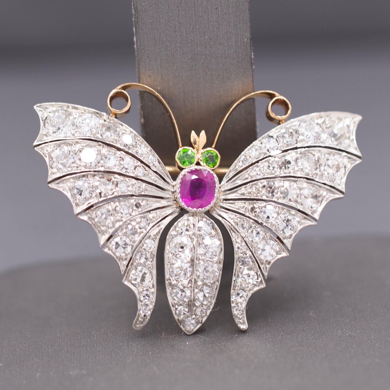 Exquisite Edwardian Butterfly Brooch with Ruby Demantoid Garnet and Old Cut Diamond in 18k and Platinum