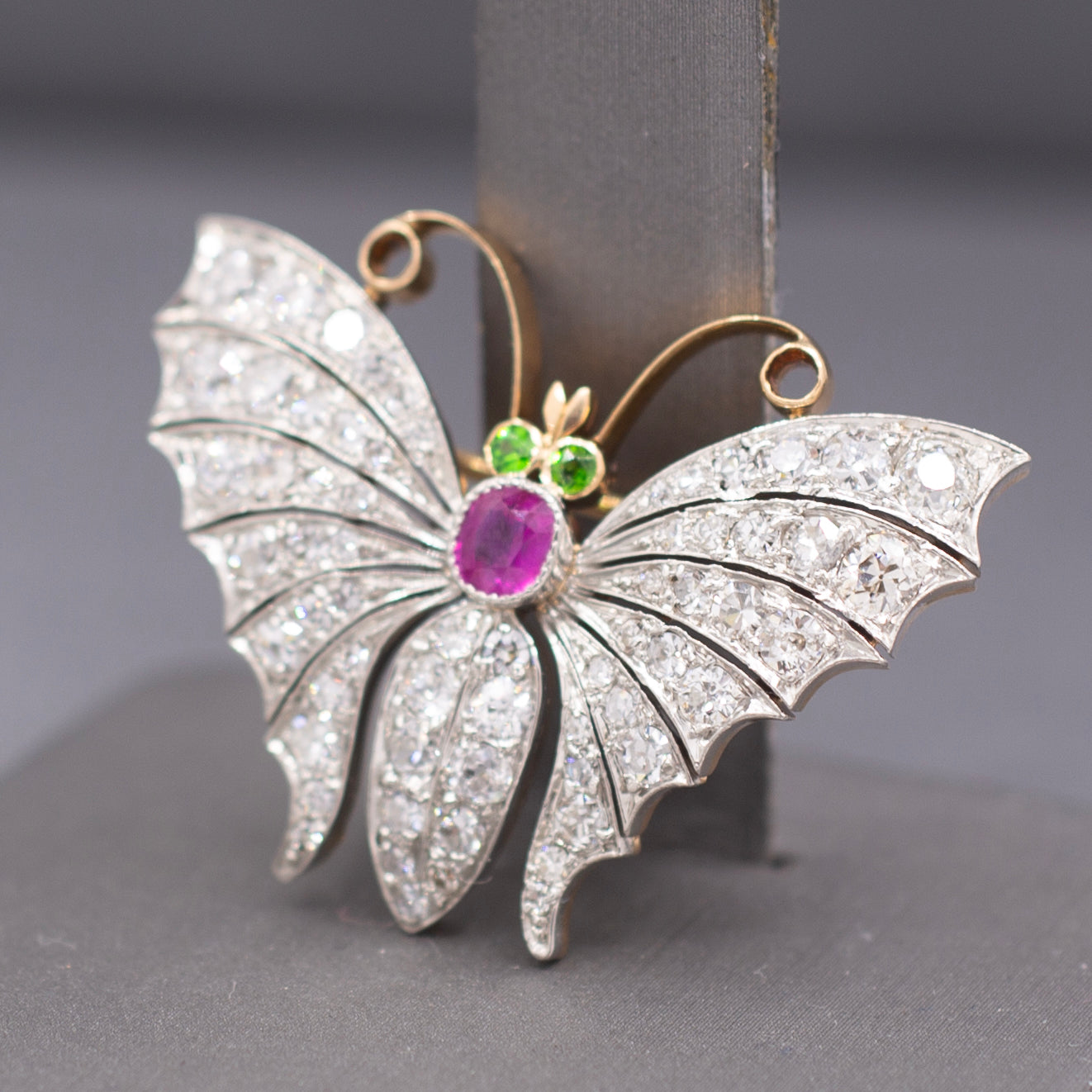Exquisite Edwardian Butterfly Brooch with Ruby Demantoid Garnet and Old Cut Diamond in 18k and Platinum