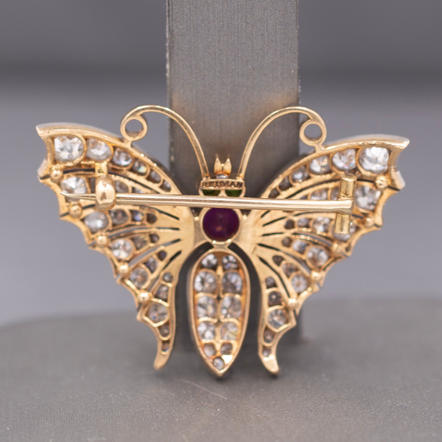 Exquisite Edwardian Butterfly Brooch with Ruby Demantoid Garnet and Old Cut Diamond in 18k and Platinum