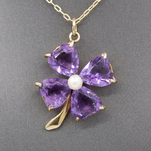 Vintage Amethyst and Pearl Four Leaf Clover Pendant Charm in 14k Yellow Gold