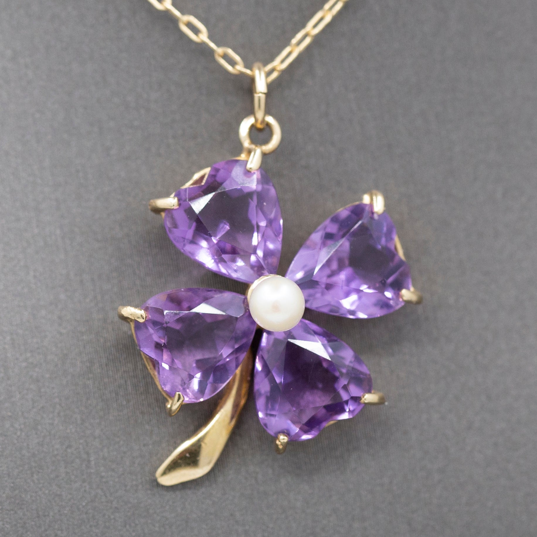 Vintage Amethyst and Pearl Four Leaf Clover Pendant Charm in 14k Yellow Gold