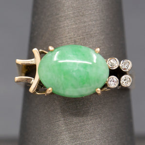 Unique Jadeite Jade and Diamond Statement Ring in 14k Yellow and White Gold