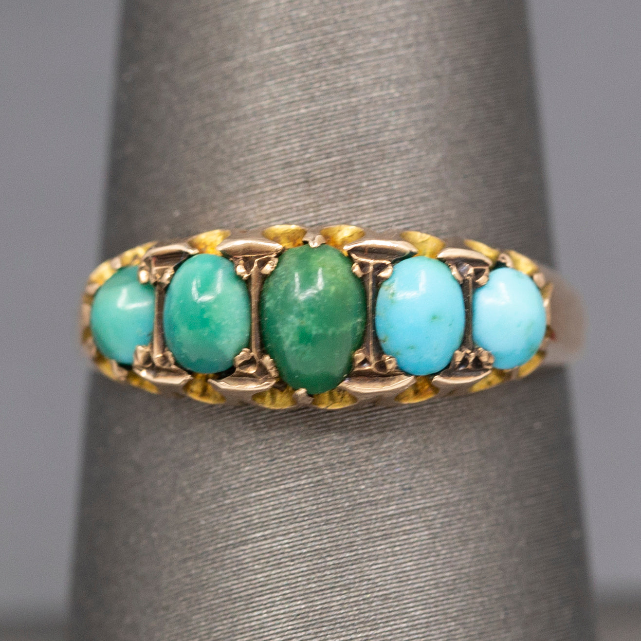 Sweet Antique Edwardian Turquoise Five Stone Band Ring in 9k Rose Gold