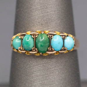 Sweet Antique Edwardian Turquoise Five Stone Band Ring in 9k Rose Gold