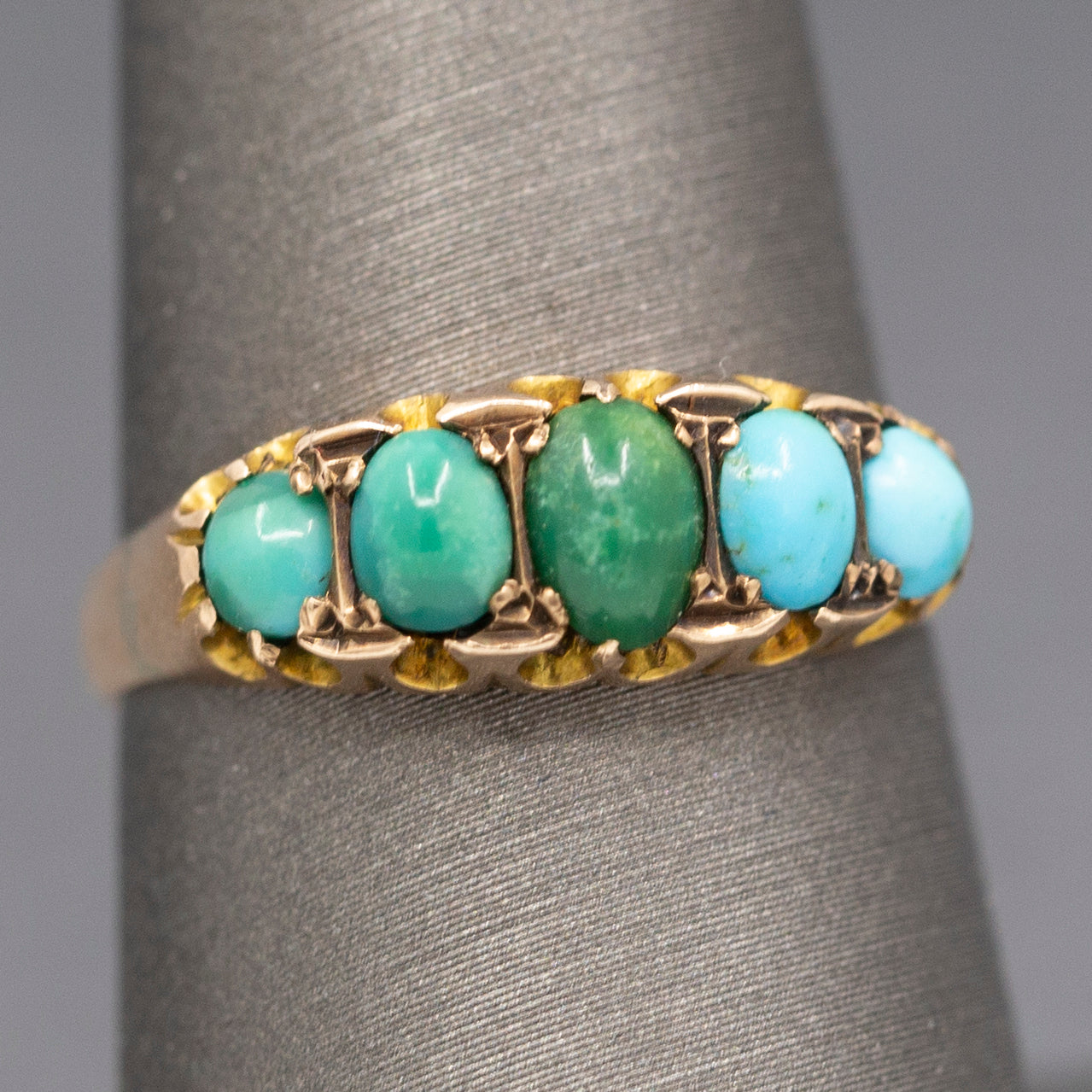 Sweet Antique Edwardian Turquoise Five Stone Band Ring in 9k Rose Gold