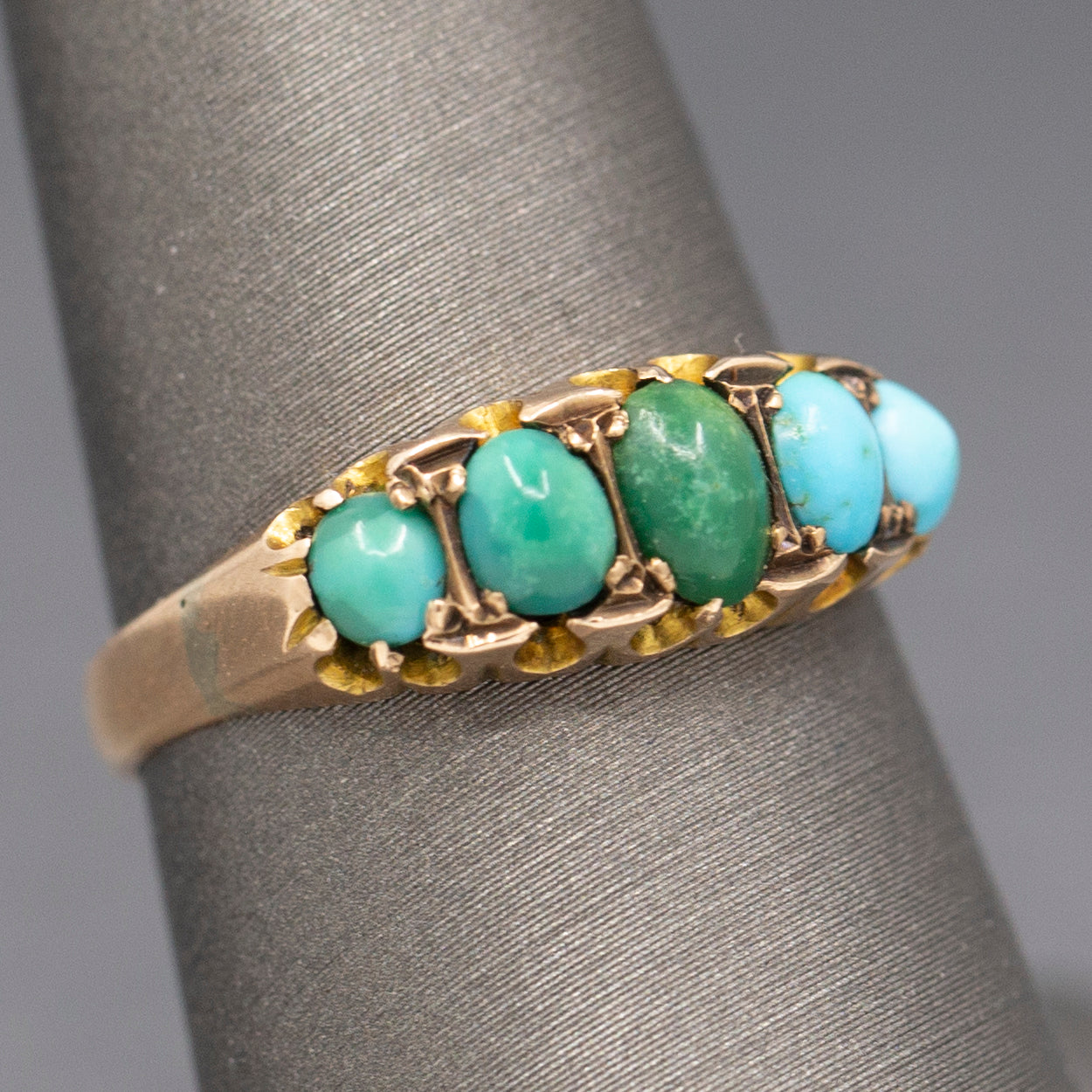 Sweet Antique Edwardian Turquoise Five Stone Band Ring in 9k Rose Gold