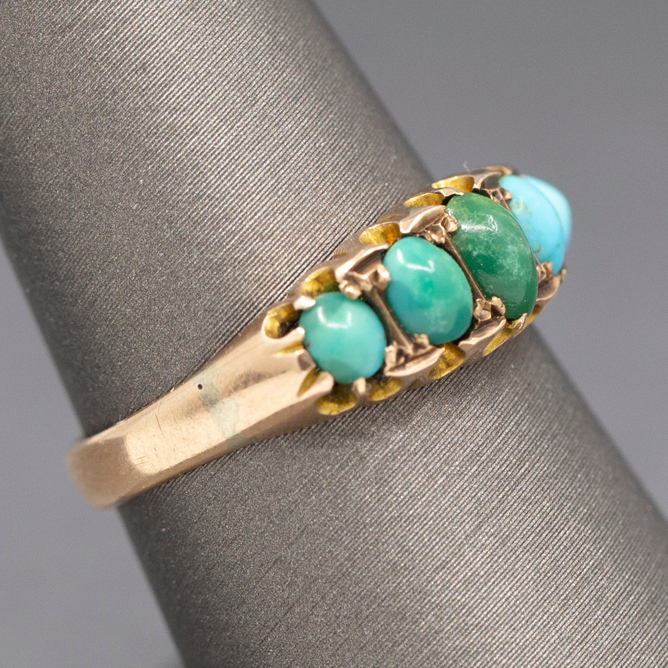 Sweet Antique Edwardian Turquoise Five Stone Band Ring in 9k Rose Gold