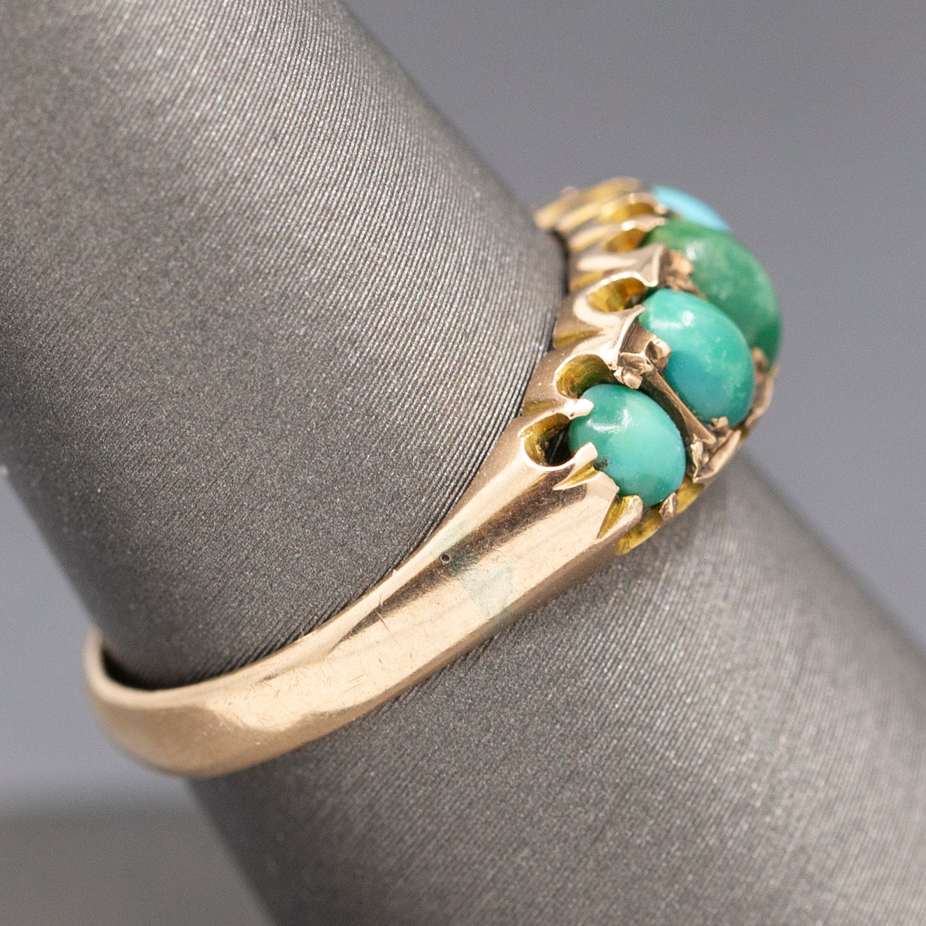 Sweet Antique Edwardian Turquoise Five Stone Band Ring in 9k Rose Gold