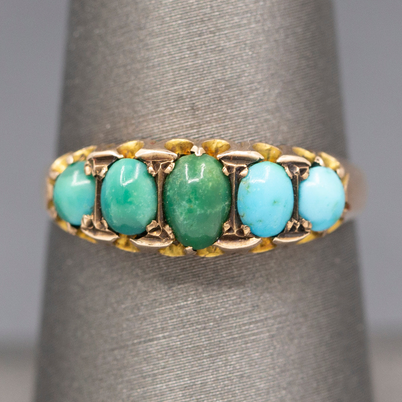 Sweet Antique Edwardian Turquoise Five Stone Band Ring in 9k Rose Gold