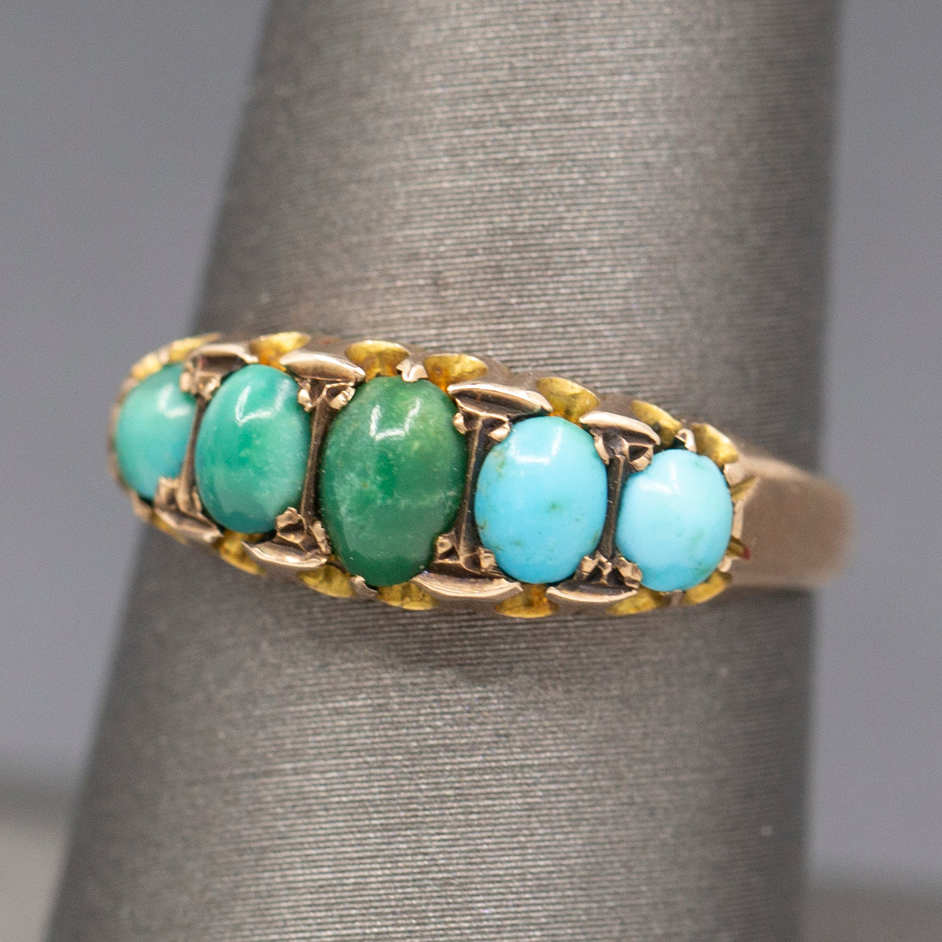 Sweet Antique Edwardian Turquoise Five Stone Band Ring in 9k Rose Gold