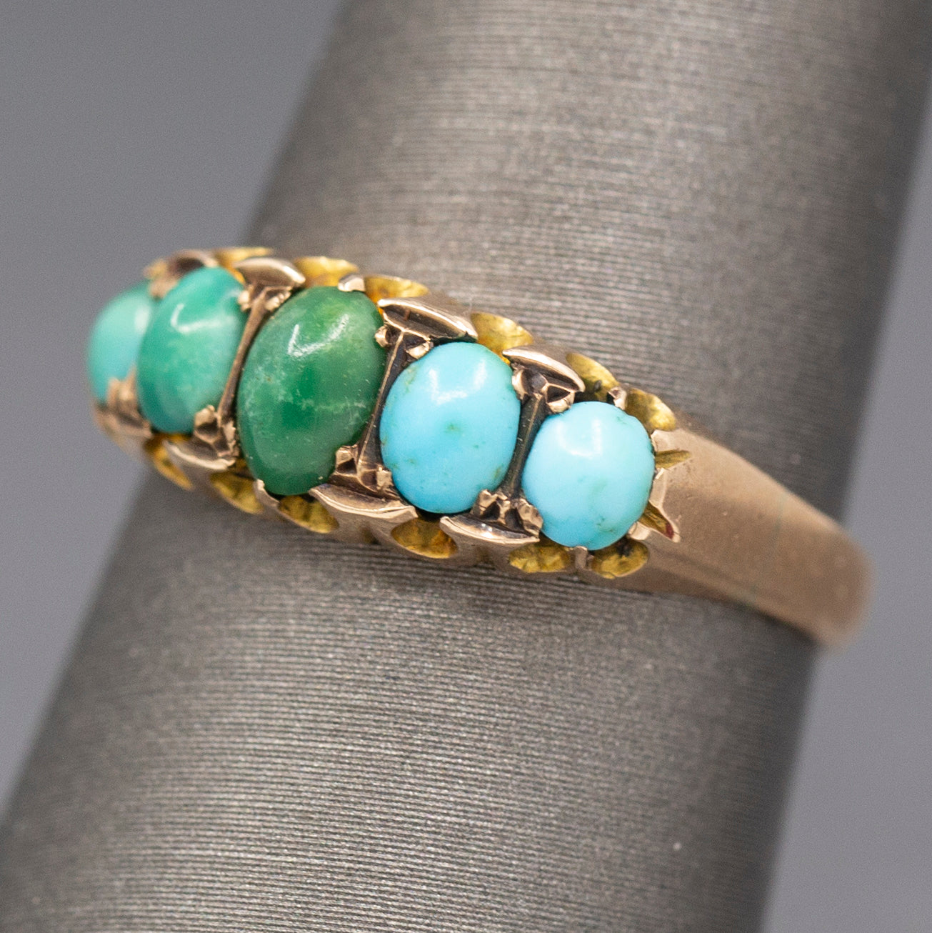 Sweet Antique Edwardian Turquoise Five Stone Band Ring in 9k Rose Gold