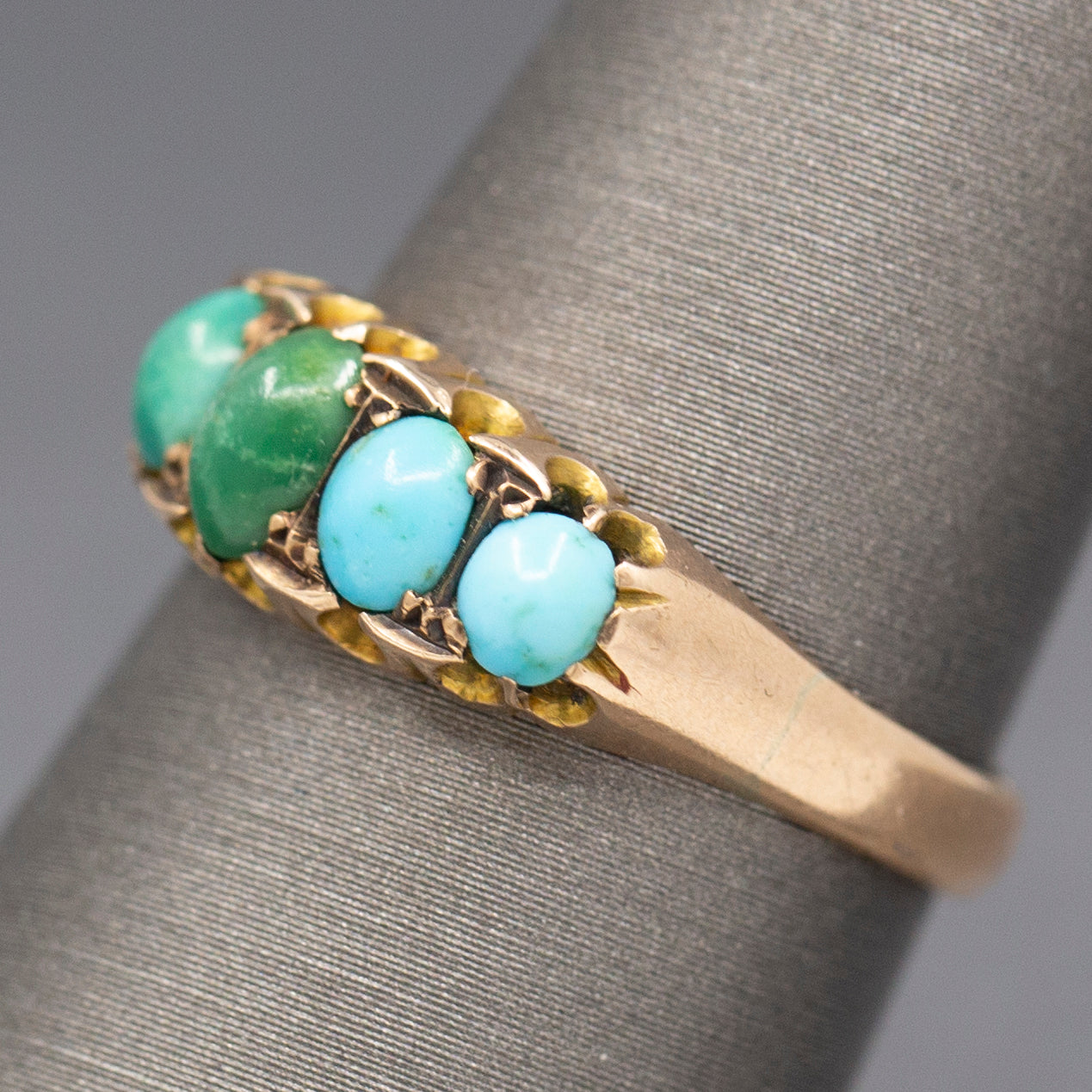 Sweet Antique Edwardian Turquoise Five Stone Band Ring in 9k Rose Gold