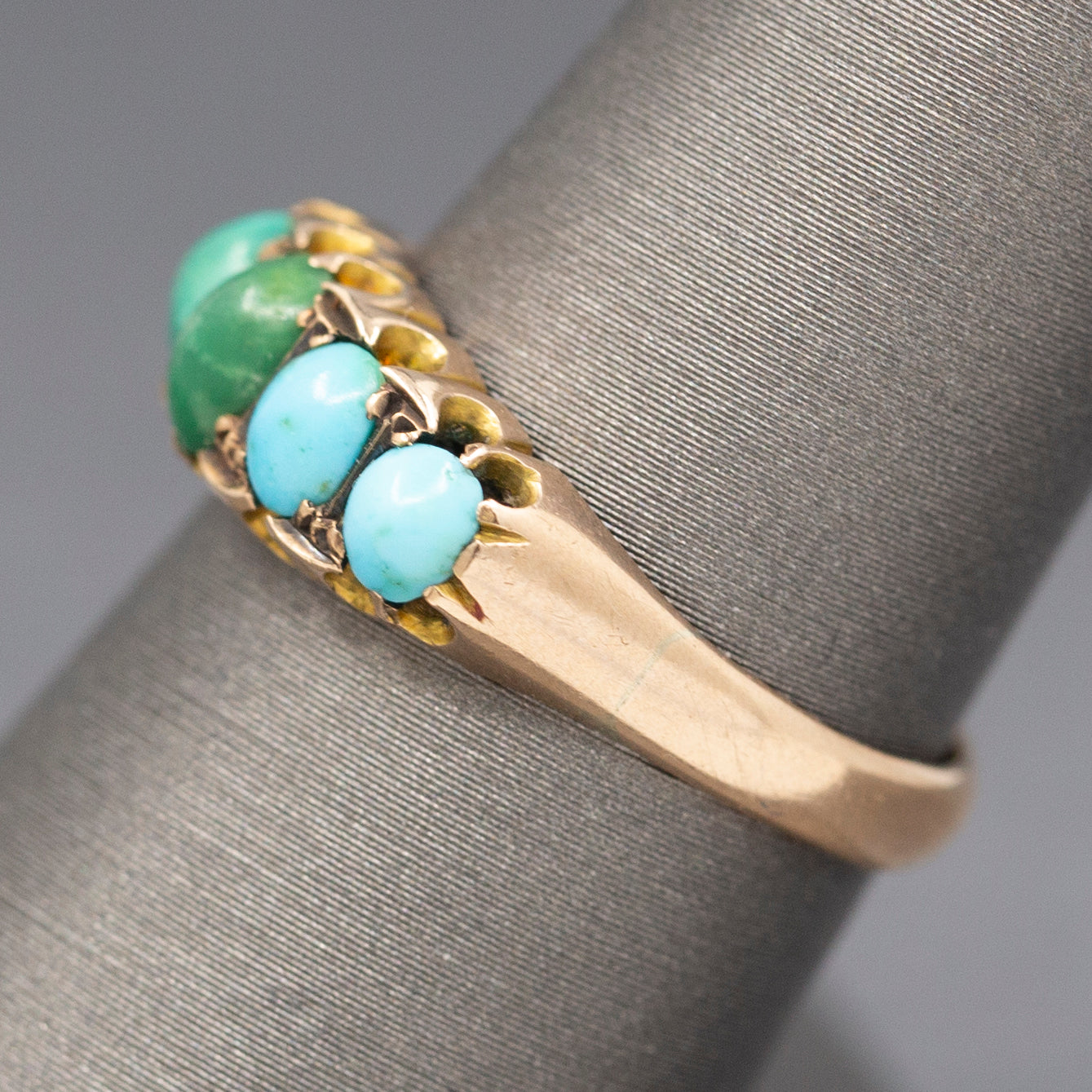 Sweet Antique Edwardian Turquoise Five Stone Band Ring in 9k Rose Gold