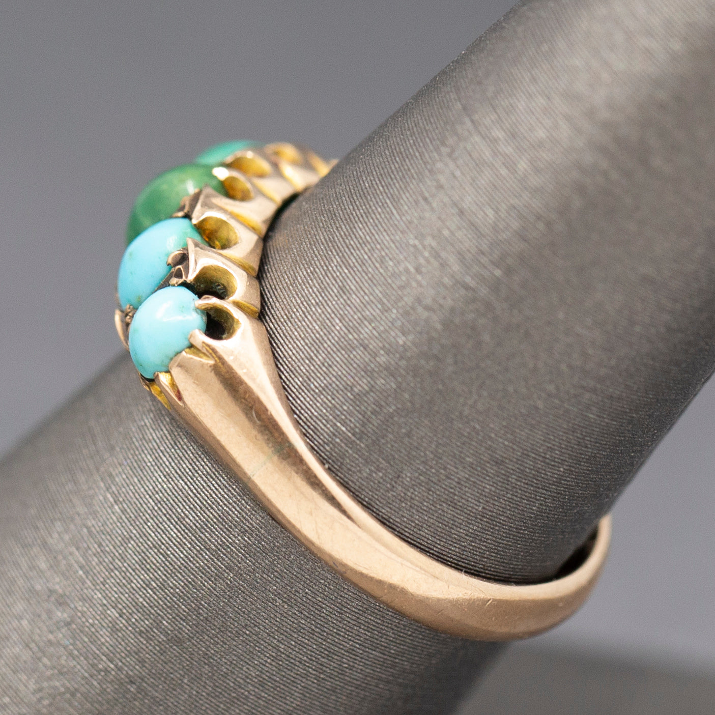 Sweet Antique Edwardian Turquoise Five Stone Band Ring in 9k Rose Gold
